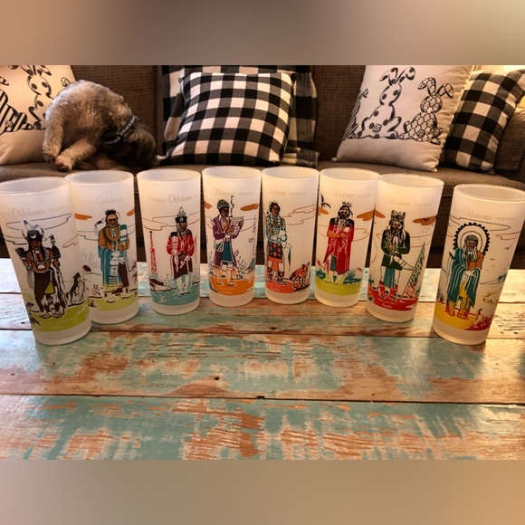 Vtg Set Of 8 Vintage Frosted Glasses Oklahoma Native Americans 1959 Knox Oil - Picture 1 of 14
